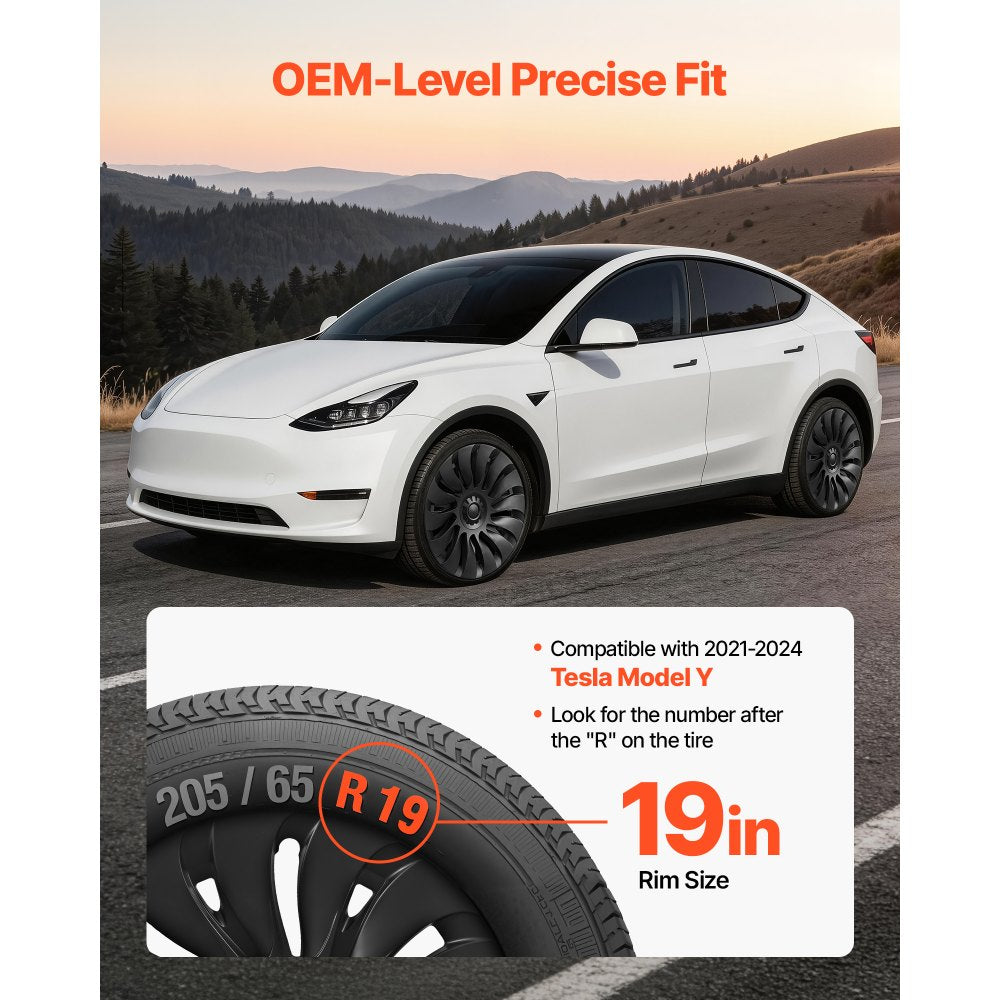 VEVOR Hubcaps Wheel Covers for 2021-2024 Tesla Model Y, 19 Inch Set of 4 Wheel Rim Cover Hubcaps OEM Style Replacement, R19 Size Snap On Car Hub Caps, Premium 14-Spoke ABS Tire Rim Caps, Matte Black