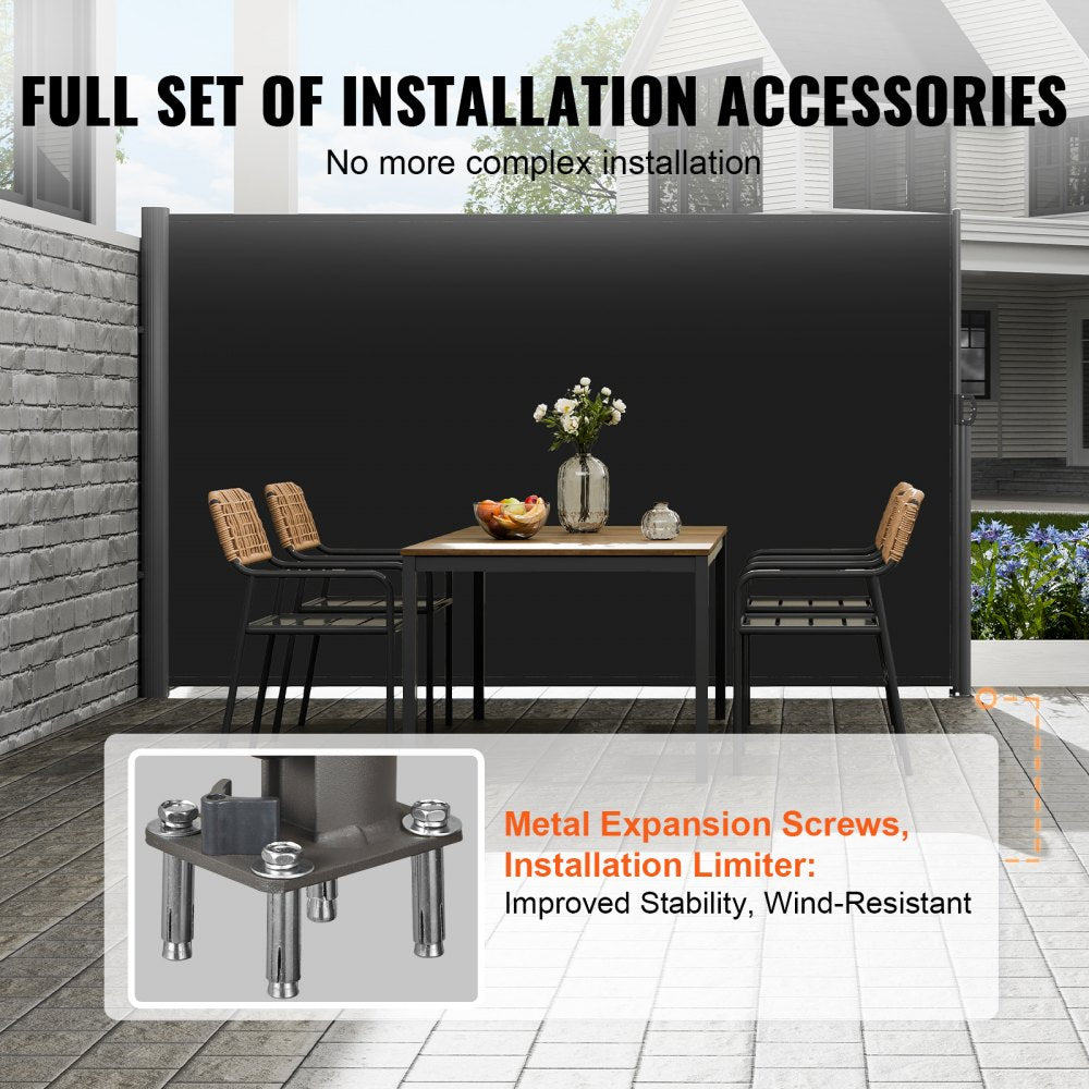VEVOR Retractable Side Awning, 63''x 118'' Aluminum Outdoor Privacy Screen, 280g Polyester Water-proof Retractable Patio Screen, UV 30+ Room Divider Wind Screen for Patio, Backyard, Balcony, Black
