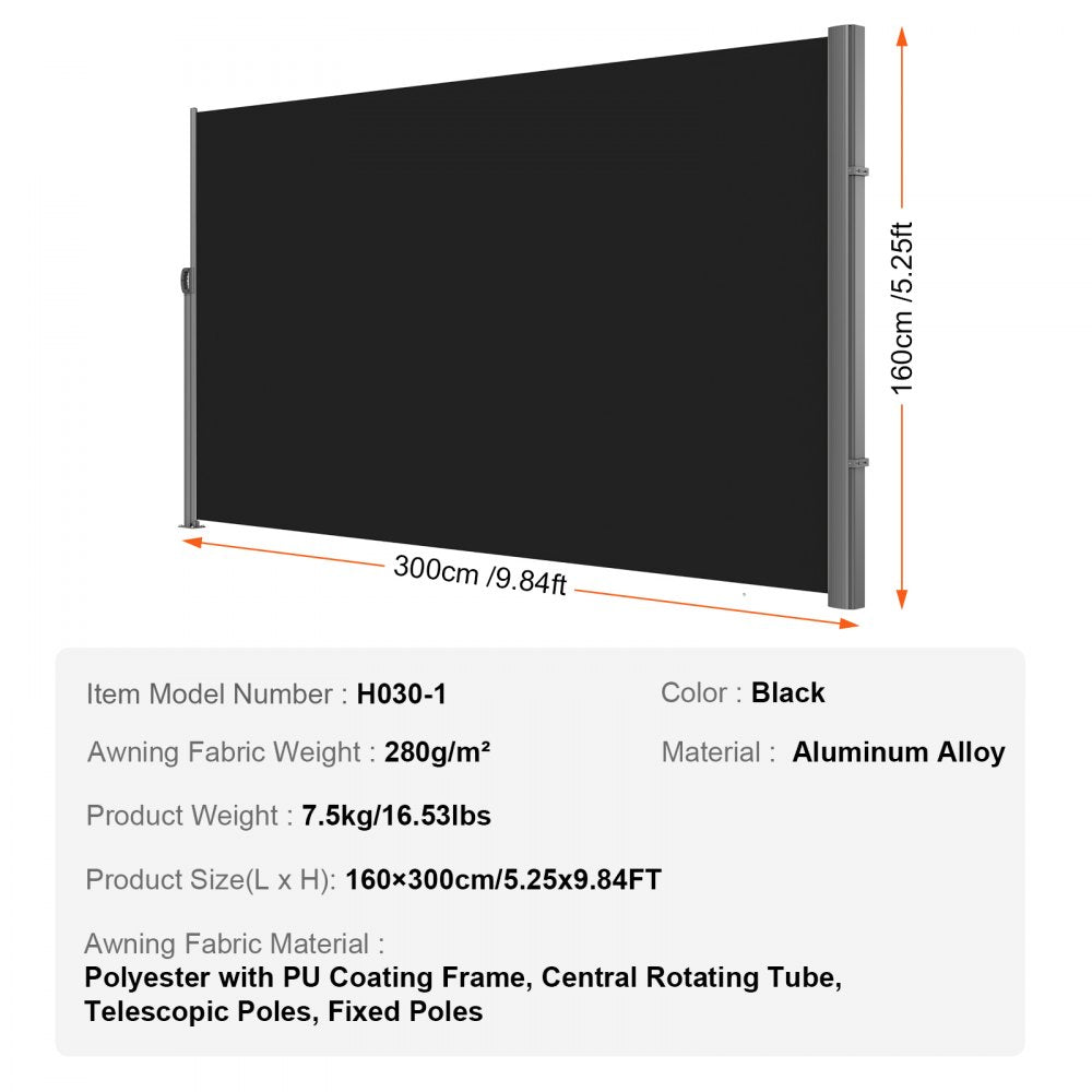 VEVOR Retractable Side Awning, 63''x 118'' Aluminum Outdoor Privacy Screen, 280g Polyester Water-proof Retractable Patio Screen, UV 30+ Room Divider Wind Screen for Patio, Backyard, Balcony, Black