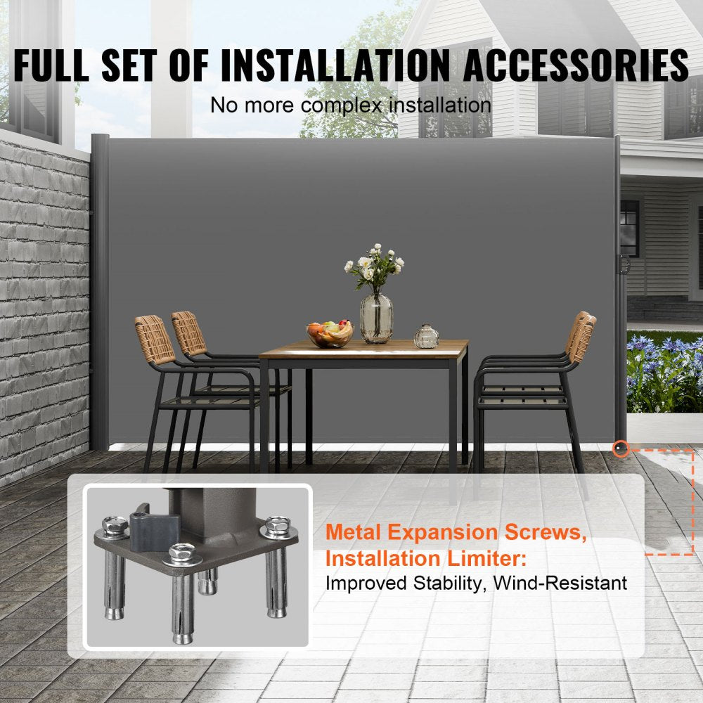 VEVOR Retractable Side Awning, 63''x 118'' Aluminum Outdoor Privacy Screen, 280g Polyester Water-proof Retractable Patio Screen, UV 30+ Room Divider Wind Screen for Patio, Backyard, Balcony, Gray