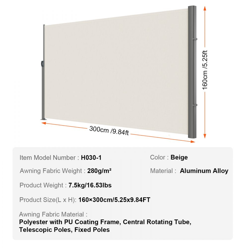 VEVOR Retractable Side Awning, 63''x 118'' Aluminum Outdoor Privacy Screen, 280g Polyester Water-proof Retractable Patio Screen, UV 30+ Room Divider Wind Screen for Patio, Backyard, Balcony, Beige