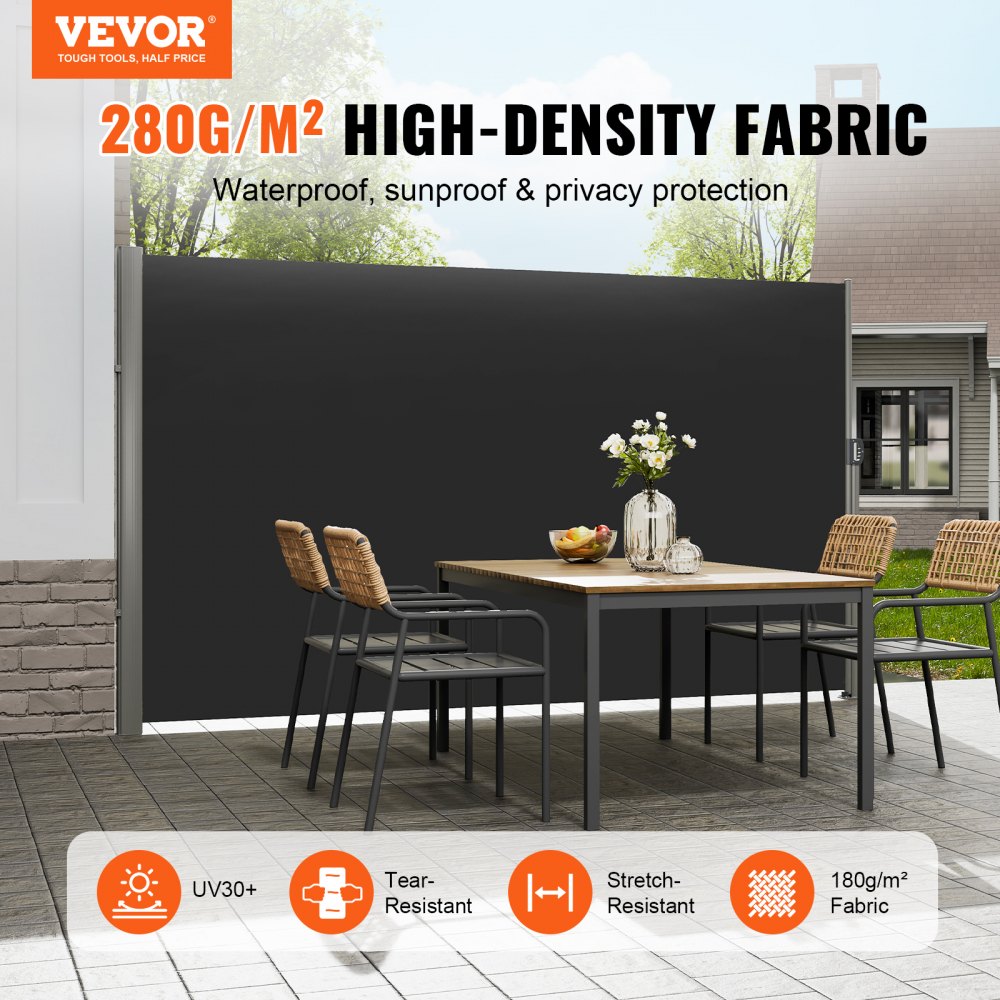 VEVOR Retractable Side Awning, 71''x 118'' Aluminum Outdoor Privacy Screen, 280g Polyester Water-proof Retractable Patio Screen, UV 30+ Room Divider Wind Screen for Patio, Backyard, Balcony, Black