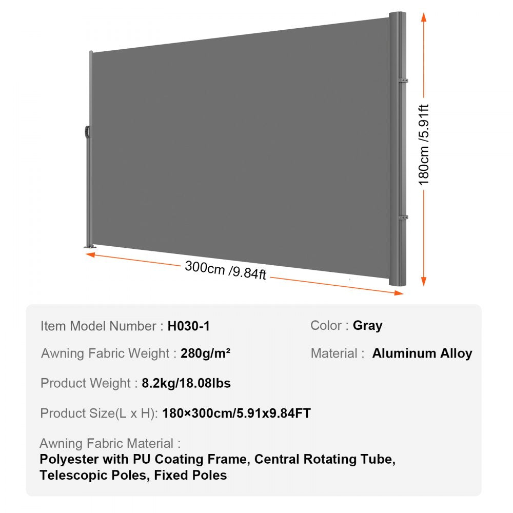 VEVOR Retractable Side Awning, 71''x 118'' Aluminum Outdoor Privacy Screen, 280g Polyester Water-proof Retractable Patio Screen, UV 30+ Room Divider Wind Screen for Patio, Backyard, Balcony, Gray