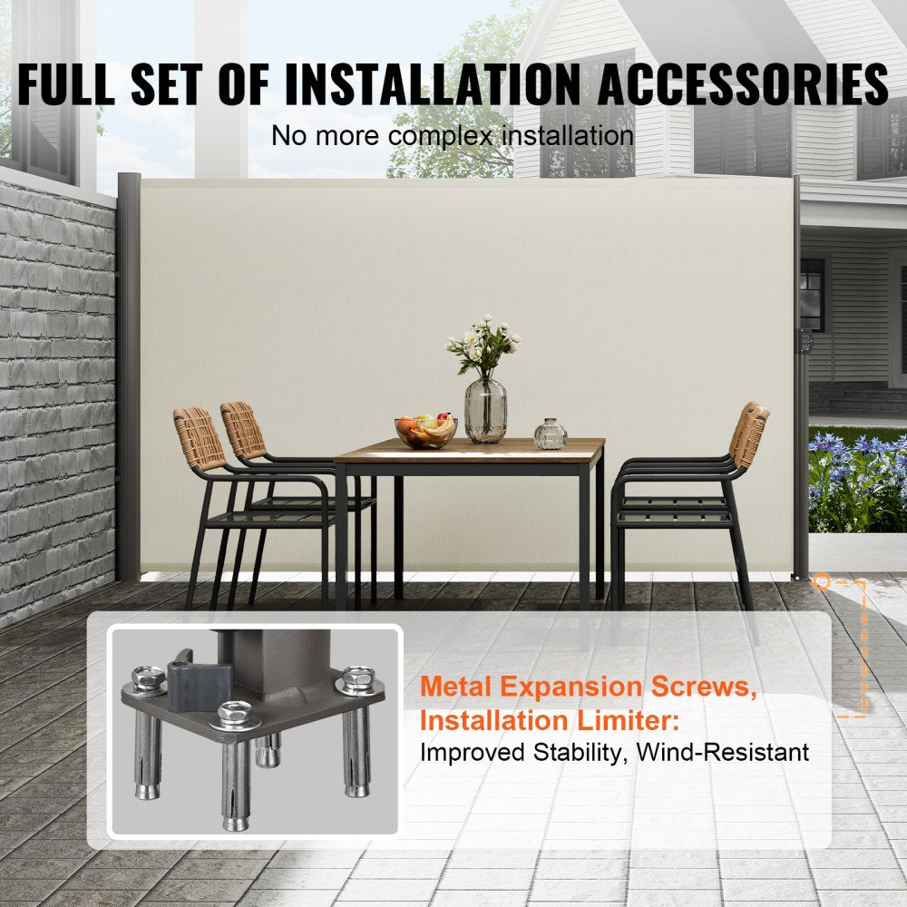 VEVOR Retractable Side Awning, 71''x 118'' Aluminum Outdoor Privacy Screen, 280g Polyester Water-proof Retractable Patio Screen, UV 30+ Room Divider Wind Screen for Patio, Backyard, Balcony, Beige
