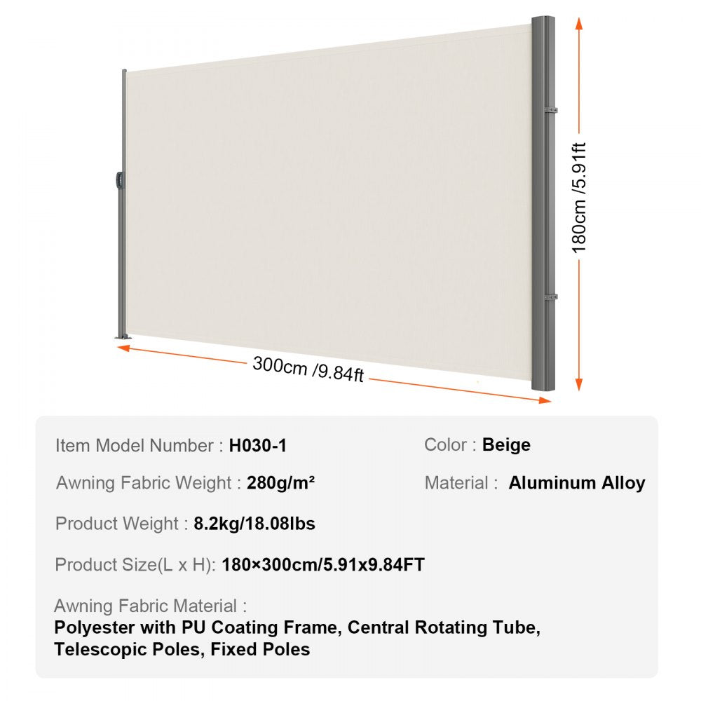 VEVOR Retractable Side Awning, 71''x 118'' Aluminum Outdoor Privacy Screen, 280g Polyester Water-proof Retractable Patio Screen, UV 30+ Room Divider Wind Screen for Patio, Backyard, Balcony, Beige