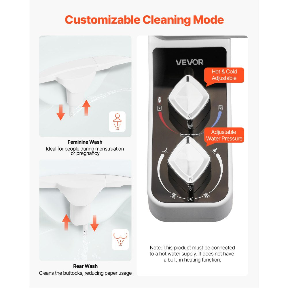 VEVOR Bidet Attachment for Toilet, Hot & Cold Non-Electric Water Sprayer - Dual Retractable Nozzles, Adjustable Water Pressure, 0.3’’ Ultra Thin Bidet Toilet Seat Attachment for Rear and Feminine Wash