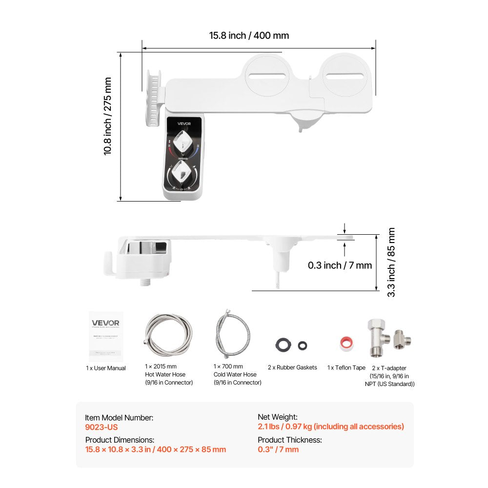 VEVOR Bidet Attachment for Toilet, Hot & Cold Non-Electric Water Sprayer - Dual Retractable Nozzles, Adjustable Water Pressure, 0.3’’ Ultra Thin Bidet Toilet Seat Attachment for Rear and Feminine Wash