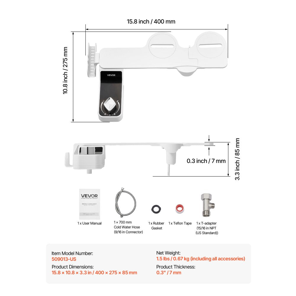 VEVOR Bidet Attachment for Toilet, 0.3" Ultra Thin Bidet Toilet Seat Attachment - Dual Retractable Nozzles, Adjustable Water Pressure, Non-Electric Cold Water Sprayer for Front Rear Water Wash, White