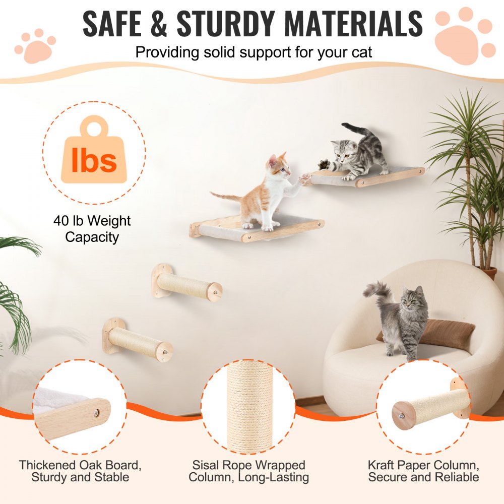 VEVOR Wall Mounted Cat Shelves, Cat Wall Shelves and Perches with Jumping Posts & Hammocks, Cat Furniture Set up to 40 lbs, Removable & Washable Coral Fleece for Sleeping, Playing, Climbing, Set of 4