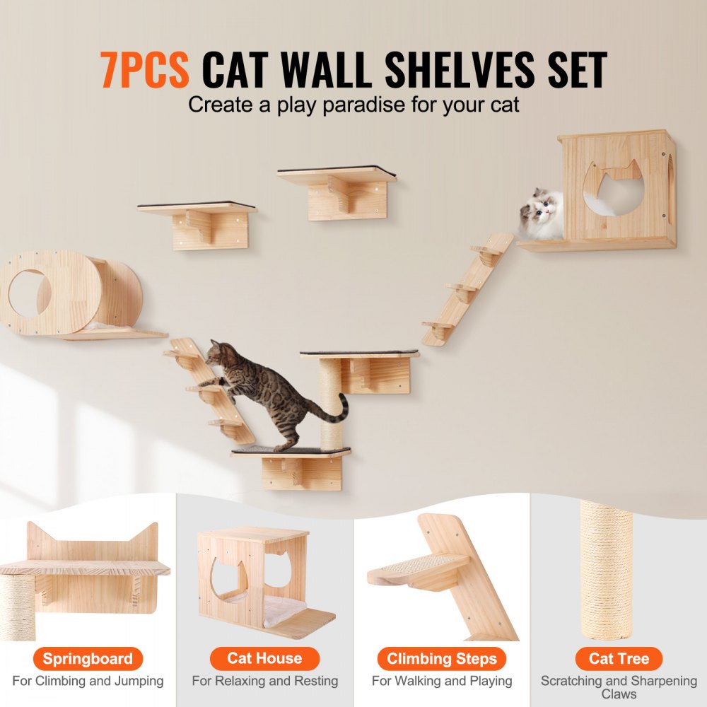 VEVOR Wall Mounted Cat Shelves, Cat Wall Shelves and Perches with Jumping Boards,  Cat Beds, Hammocks & Cat Tree, Cat Furniture and Shelves up to 40 lbs for Sleeping, Playing, Climbing, Set of 7