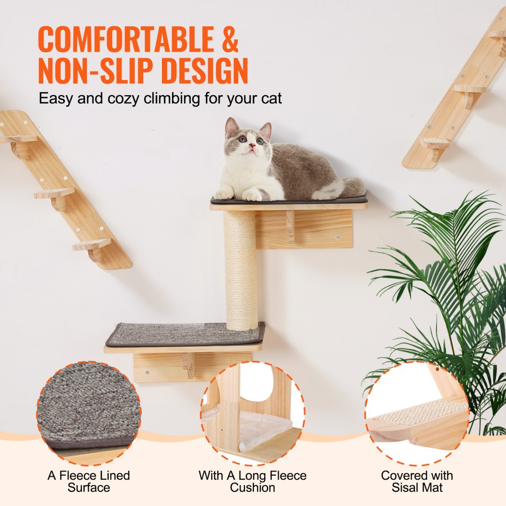 VEVOR Wall Mounted Cat Shelves, Cat Wall Shelves and Perches with Jumping Boards,  Cat Beds, Hammocks & Cat Tree, Cat Furniture and Shelves up to 40 lbs for Sleeping, Playing, Climbing, Set of 7