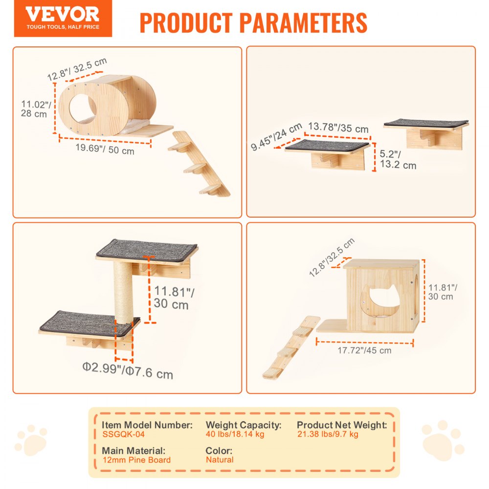 VEVOR Wall Mounted Cat Shelves, Cat Wall Shelves and Perches with Jumping Boards,  Cat Beds, Hammocks & Cat Tree, Cat Furniture and Shelves up to 40 lbs for Sleeping, Playing, Climbing, Set of 7