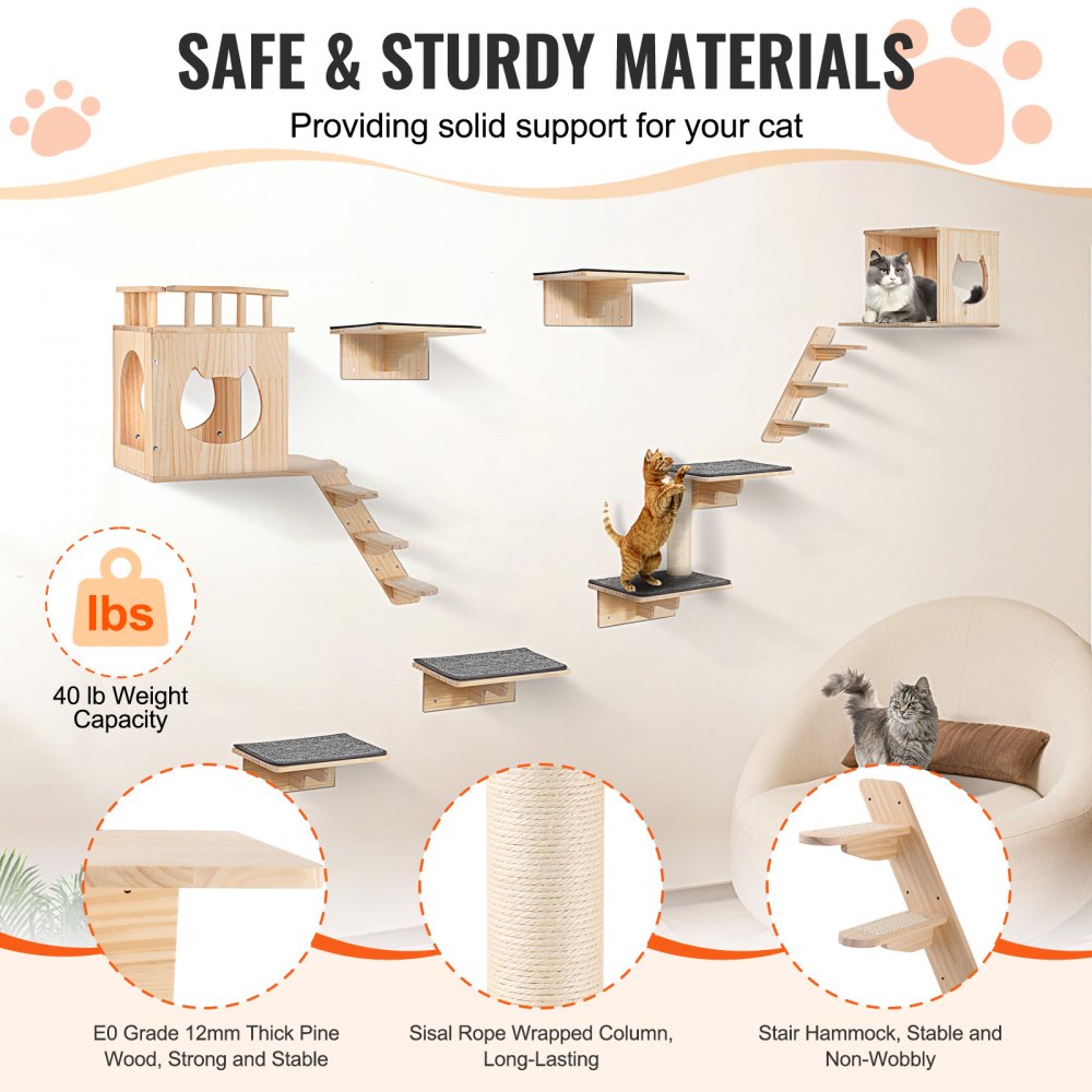VEVOR Wall Mounted Cat Shelves, Cat Wall Shelves and Perches with Jumping Boards, Cat Beds, Hammocks & Cat Tree, Cat Furniture and Shelves up to 40 lbs for Sleeping, Playing, Climbing, Set of 9