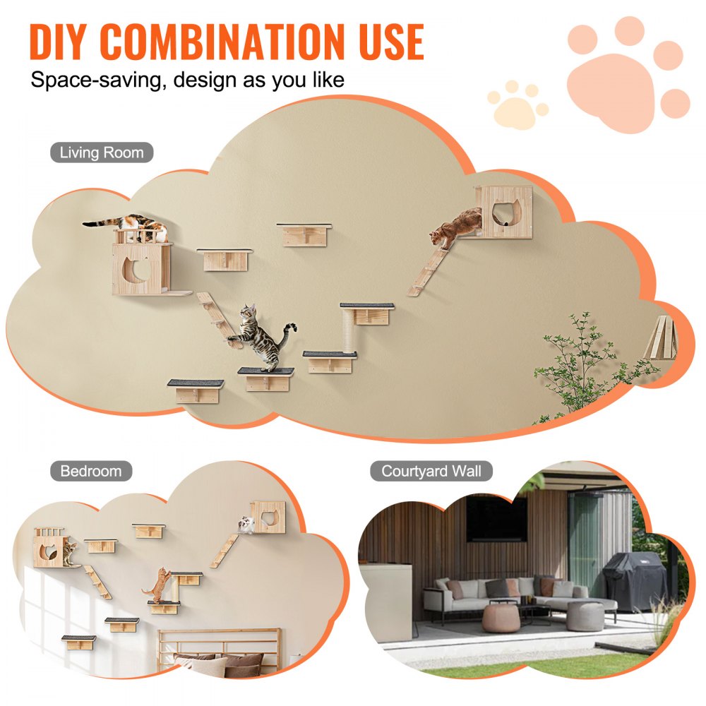 VEVOR Wall Mounted Cat Shelves, Cat Wall Shelves and Perches with Jumping Boards, Cat Beds, Hammocks & Cat Tree, Cat Furniture and Shelves up to 40 lbs for Sleeping, Playing, Climbing, Set of 9