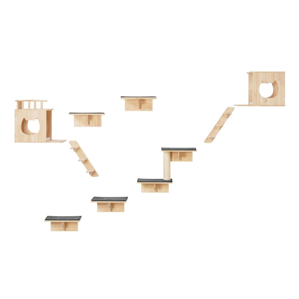 VEVOR Wall Mounted Cat Shelves, Cat Wall Shelves and Perches with Jumping Boards, Cat Beds, Hammocks & Cat Tree, Cat Furniture and Shelves up to 40 lbs for Sleeping, Playing, Climbing, Set of 9