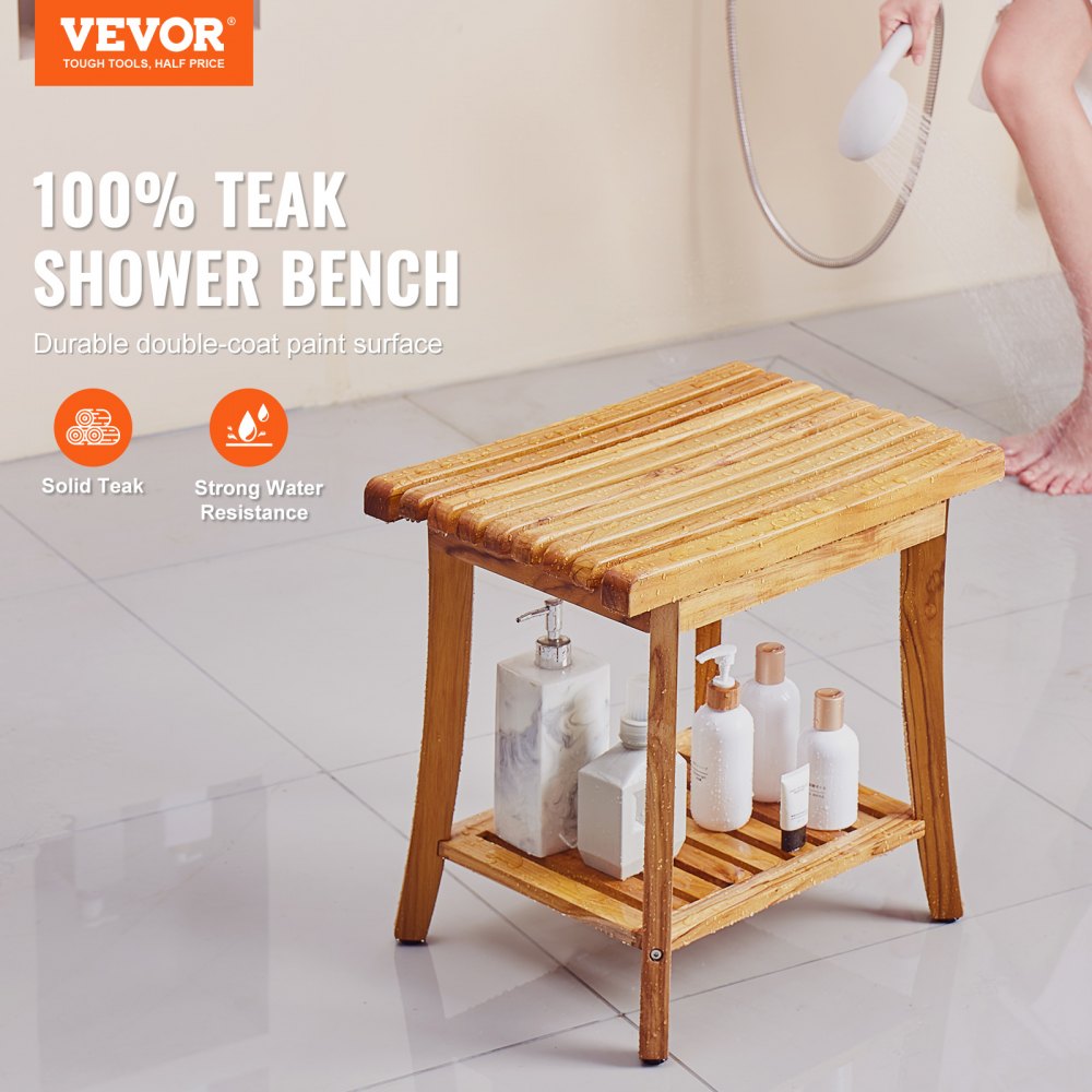 VEVOR Teak Shower Bench, 20 x 14.3 x 17.9 in, Waterproof Wood Shower Stool with Storage Shelf Non-Slip Foot Pads, 400 lbs Maximum Load Capacity Shower Chair Seat, for Bathroom Indoor and Outdoor Use