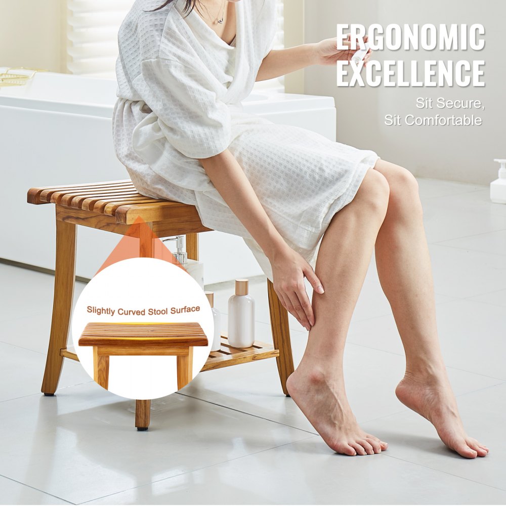 VEVOR Teak Shower Bench, 20 x 14.3 x 17.9 in, Waterproof Wood Shower Stool with Storage Shelf Non-Slip Foot Pads, 400 lbs Maximum Load Capacity Shower Chair Seat, for Bathroom Indoor and Outdoor Use