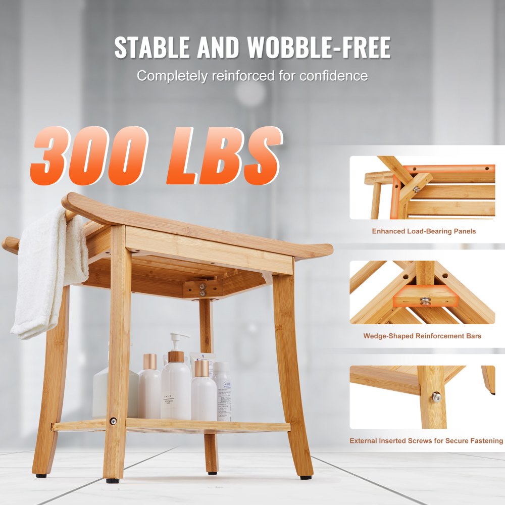 VEVOR Bamboo Shower Bench, 24 x 13.8 x 18.9 in, Waterproof Shower Stool Chair with Storage Shelf Handle, 300 lbs Load Capacity Spa Bath Seat Organizer, for Adults Seniors Women Elderly Indoor Outdoor
