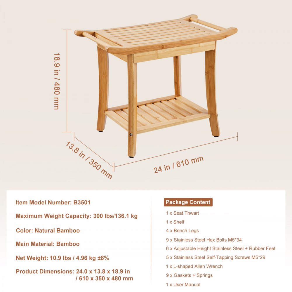 VEVOR Bamboo Shower Bench, 24 x 13.8 x 18.9 in, Waterproof Shower Stool Chair with Storage Shelf Handle, 300 lbs Load Capacity Spa Bath Seat Organizer, for Adults Seniors Women Elderly Indoor Outdoor