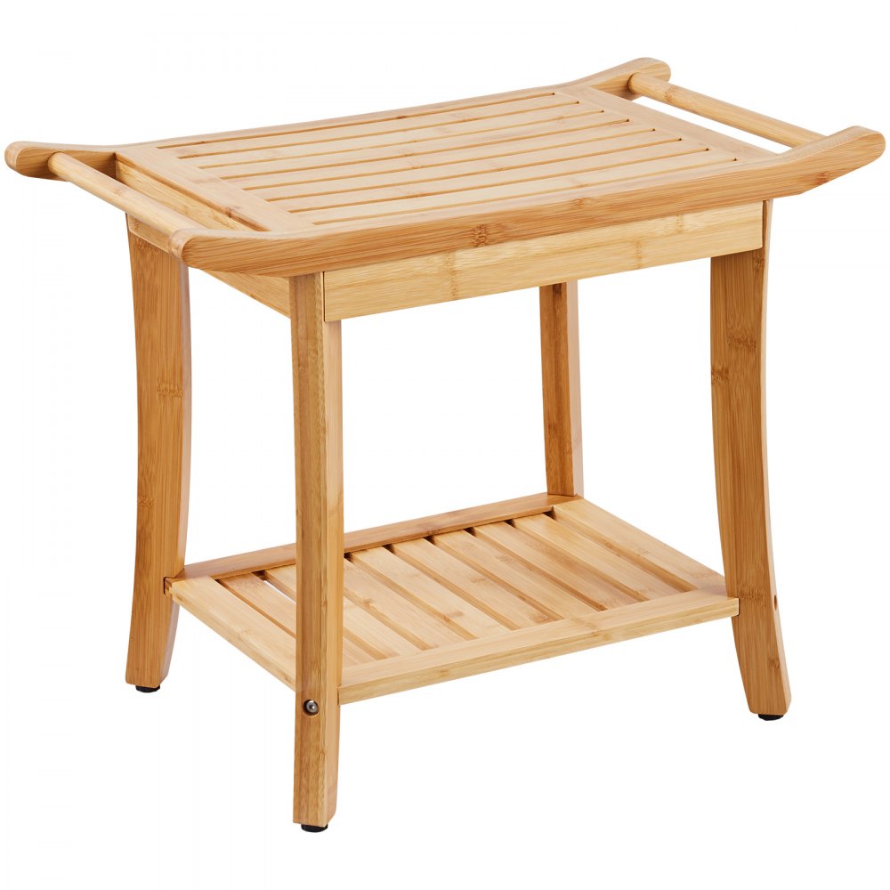 VEVOR Bamboo Shower Bench, 24 x 13.8 x 18.9 in, Waterproof Shower Stool Chair with Storage Shelf Handle, 300 lbs Load Capacity Spa Bath Seat Organizer, for Adults Seniors Women Elderly Indoor Outdoor