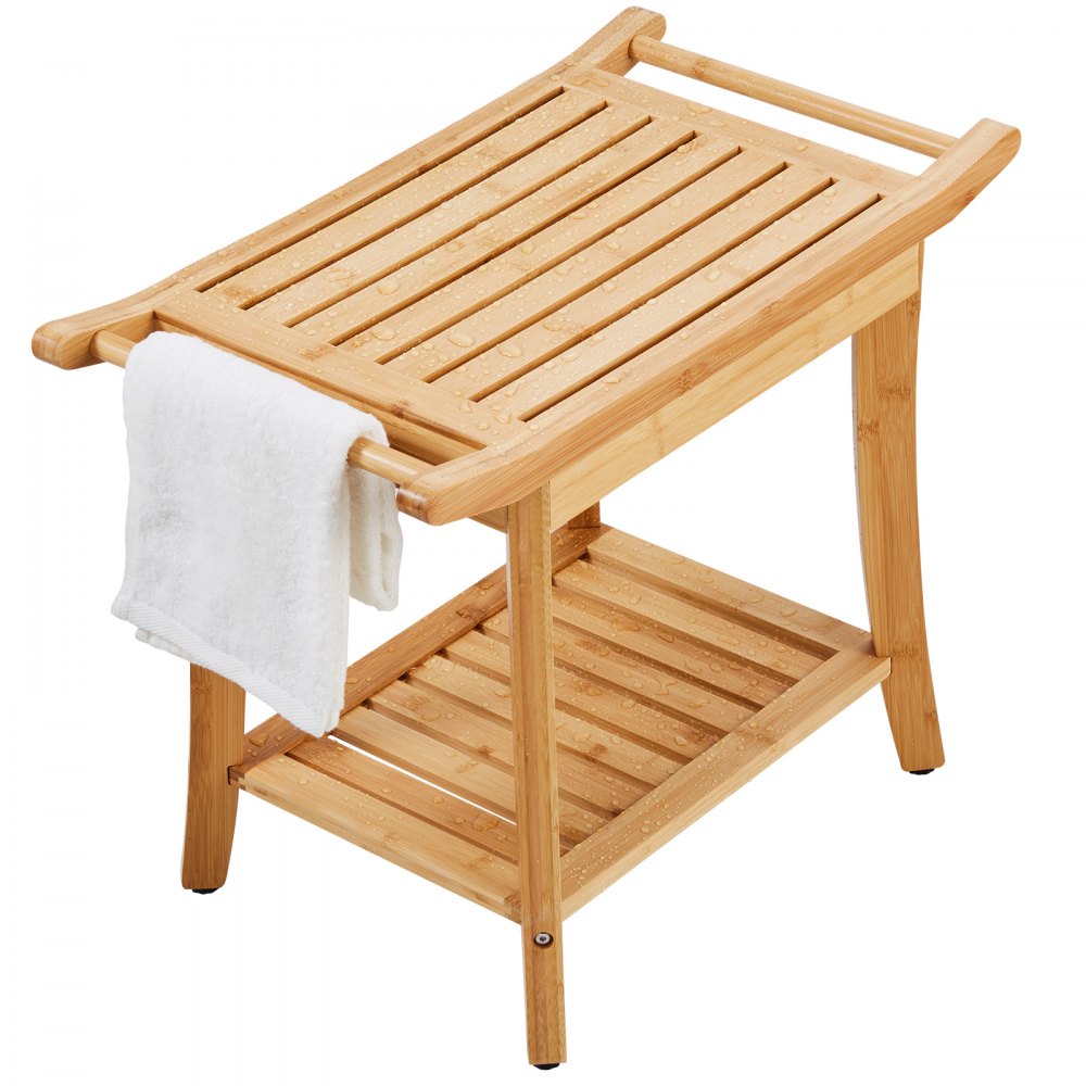VEVOR Bamboo Shower Bench, 24 x 13.8 x 18.9 in, Waterproof Shower Stool Chair with Storage Shelf Handle, 300 lbs Load Capacity Spa Bath Seat Organizer, for Adults Seniors Women Elderly Indoor Outdoor