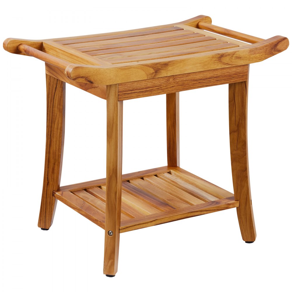 VEVOR Teak Shower Bench, 22 x 14.4 x 18.5 in, Waterproof Wood Shower Stool with Storage Shelf Handle Non-Slip Feet, 300 lbs Maximum Load Capacity Shower Chair Seat, for Bathroom Indoor and Outdoor Use