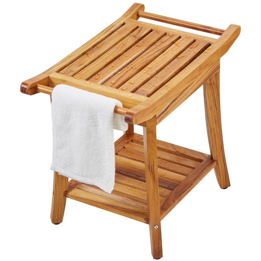 VEVOR Teak Shower Bench, 22 x 14.4 x 18.5 in, Waterproof Wood Shower Stool with Storage Shelf Handle Non-Slip Feet, 300 lbs Maximum Load Capacity Shower Chair Seat, for Bathroom Indoor and Outdoor Use
