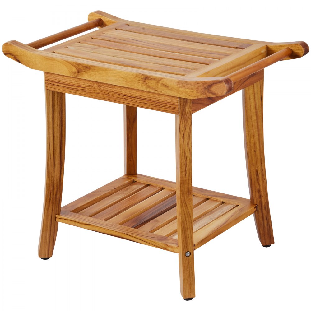 VEVOR Teak Shower Bench, 22 x 14.4 x 18.5 in, Waterproof Wood Shower Stool with Storage Shelf Handle Non-Slip Feet, 300 lbs Maximum Load Capacity Shower Chair Seat, for Bathroom Indoor and Outdoor Use