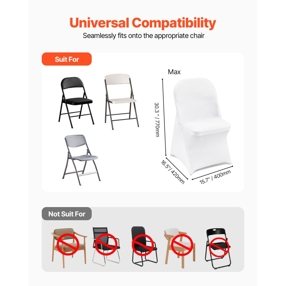 VEVOR Stretch Spandex Folding Chair Covers, Universal Fitted Chair Cover, Removable Washable Protective Slipcovers, for Wedding, Holiday, Banquet, Party, Celebration, Dining (30PCS White)