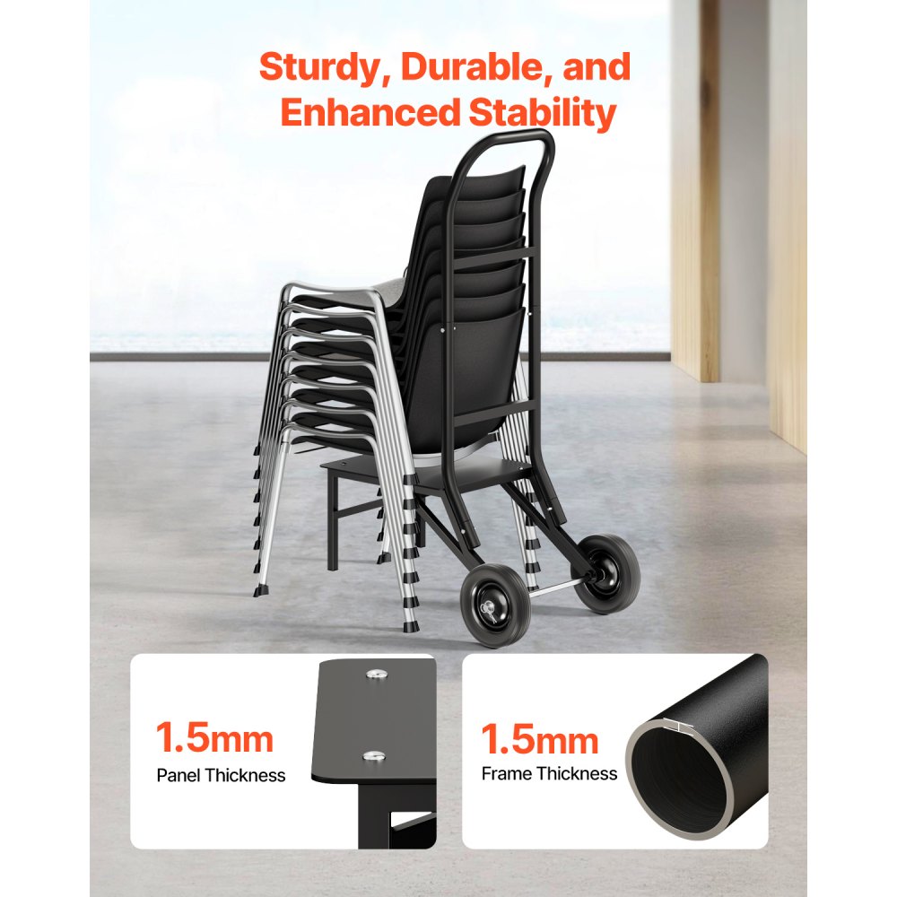 VEVOR Folding Chair Rack, 150 LBS Capacity, Heavy-duty Chair Cart for Stacking 10 Chairs, Multi-Function Metal Chair Storage Dolly with Rubber Wheels, Push-Style Chair Holder, Matte Black