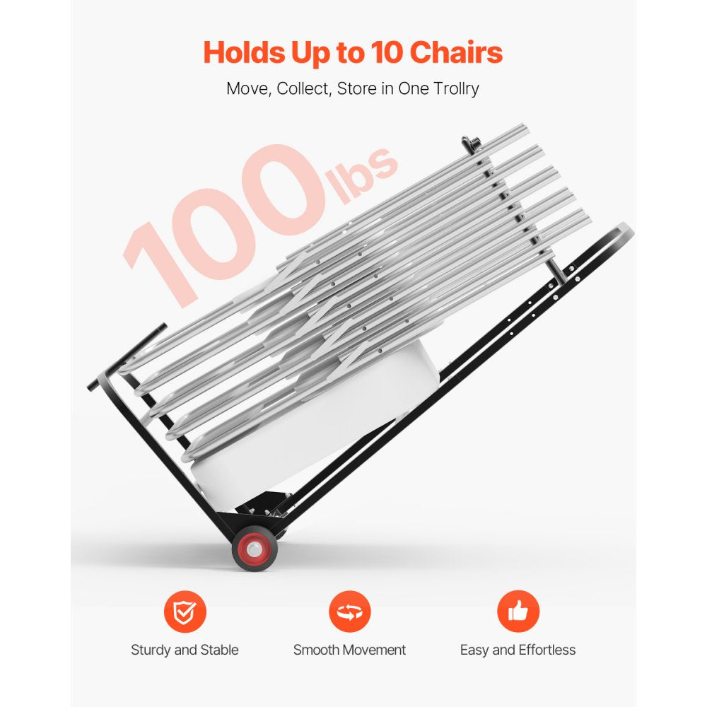 VEVOR Folding Chair Rack, 100 LBS Capacity, Heavy-duty Chair Cart for Hanging 10 Chairs, Multi-Function Metal Chair Storage Dolly with Rubber Wheels, Push-Style Chair Holder, Matte Black