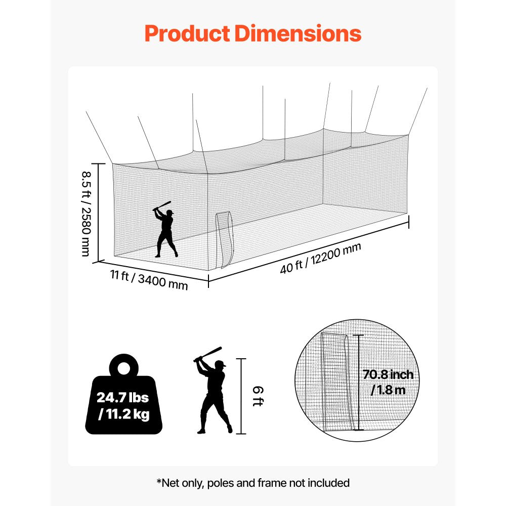 VEVOR Baseball Batting Cage, 40 x 11 x 8.5 FT Freestanding Hitting Net, for Indoor & Outdoor Practice, 30-Ply Knotted HDPE Netting with Carabiner Hooks, Baseball Practice Net for Backyard, Net Only