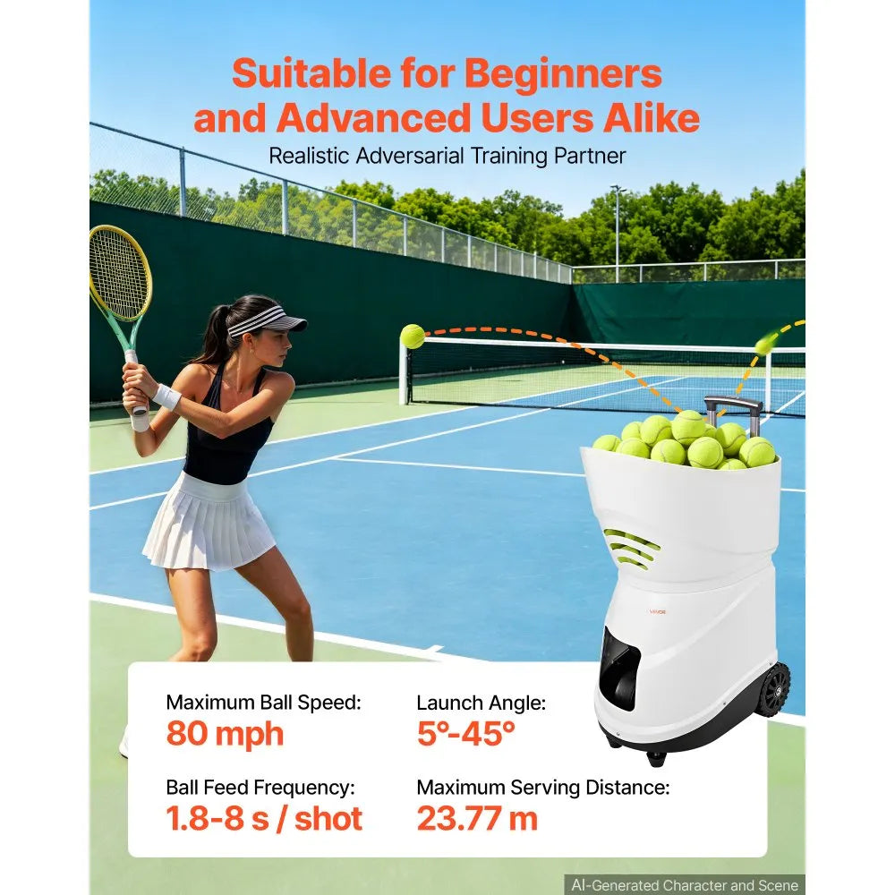 VEVOR Tennis Ball Machine,4H Runtimeand150 Ball Capacity Auto Ball Launcher, for Beginners and Pro Practice Training, with App Remote Control, Spin Control, 20 Training Modes, and Speeds up to 80MPH