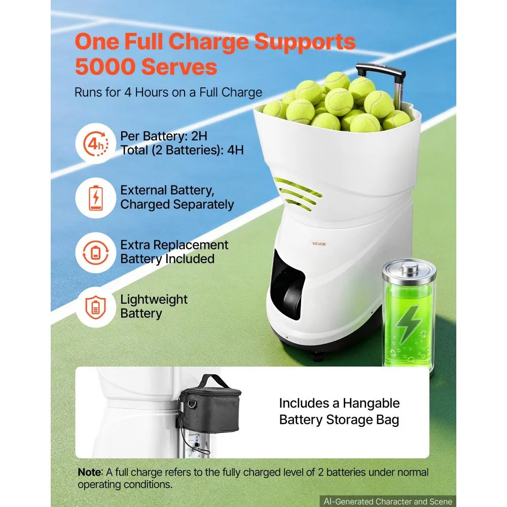 VEVOR Tennis Ball Machine,4H Runtimeand150 Ball Capacity Auto Ball Launcher, for Beginners and Pro Practice Training, with App Remote Control, Spin Control, 20 Training Modes, and Speeds up to 80MPH