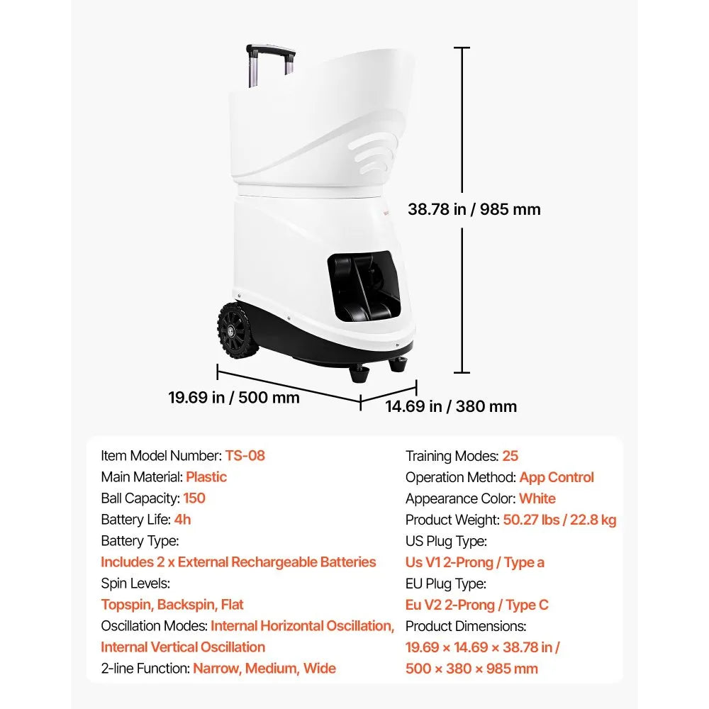 VEVOR Tennis Ball Machine,4H Runtimeand150 Ball Capacity Auto Ball Launcher, for Beginners and Pro Practice Training, with App Remote Control, Spin Control, 20 Training Modes, and Speeds up to 80MPH