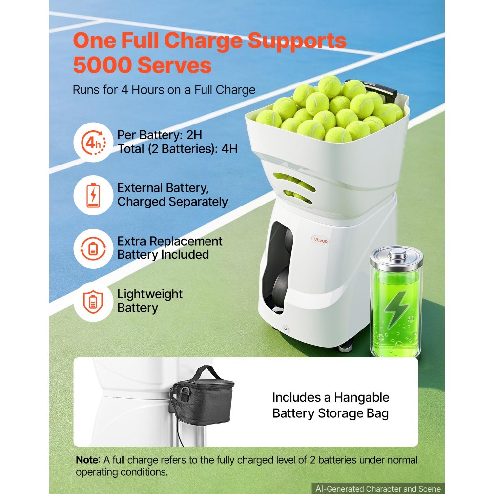 VEVOR Tennis Ball Machine,4H Runtimeand110 Ball Capacity Auto Ball Launcher, for Beginners and Pro Practice Training, with App Remote Control, Spin Control, 21 Training Modes, and Speeds up to 75MPH