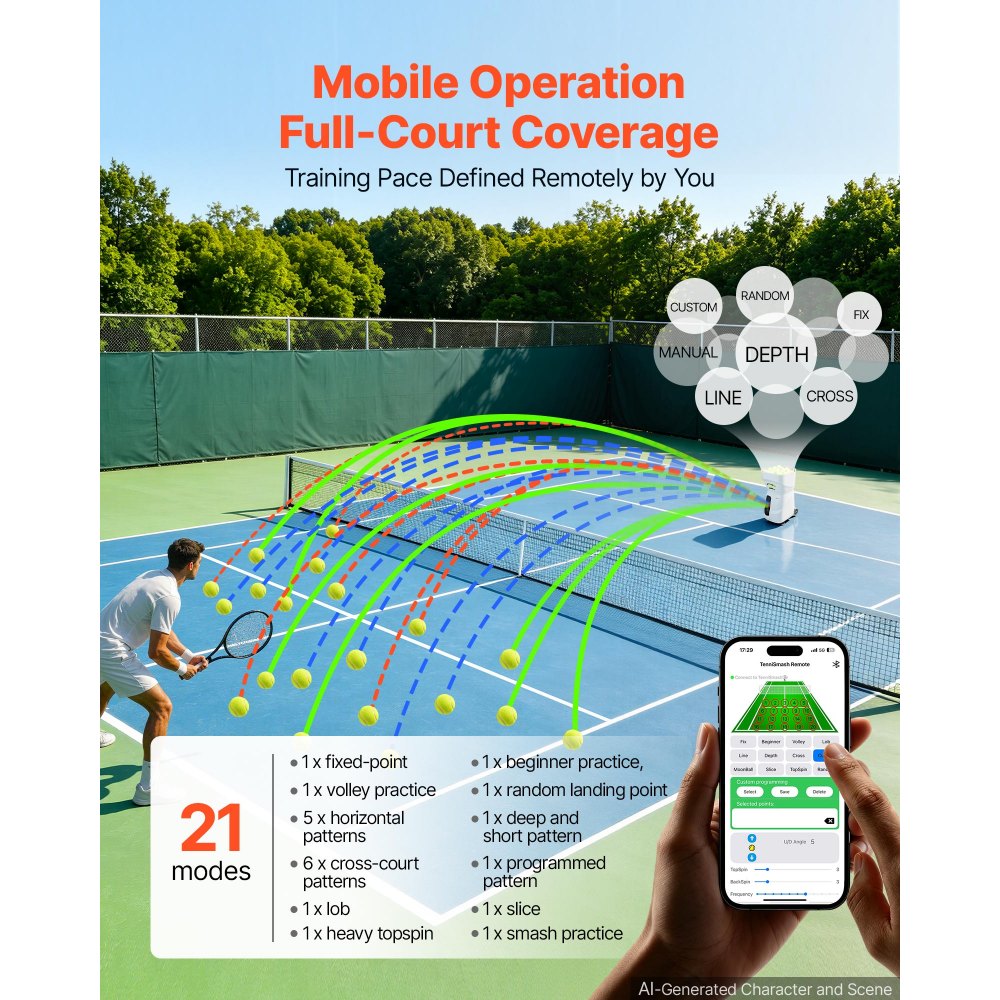 VEVOR Tennis Ball Machine,4H Runtimeand110 Ball Capacity Auto Ball Launcher, for Beginners and Pro Practice Training, with App Remote Control, Spin Control, 21 Training Modes, and Speeds up to 75MPH