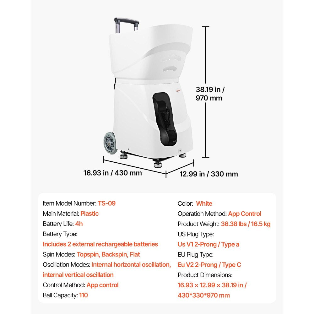 VEVOR Tennis Ball Machine,4H Runtimeand110 Ball Capacity Auto Ball Launcher, for Beginners and Pro Practice Training, with App Remote Control, Spin Control, 21 Training Modes, and Speeds up to 75MPH