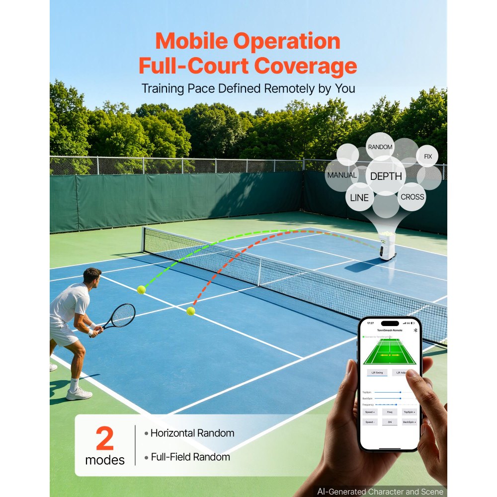VEVOR Tennis Ball Machine,4H Runtimeand110 Ball Capacity Auto Ball Launcher, for Beginners and Pro Practice Training, with App Remote Control, Spin Control, 2 Training Modes, and Speeds up to 75MPH