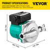 VEVOR Hot Water Recirculating Pump, 93W, 110V Water Circulator Pump, Circulation Pump, 3/4″ G Thread to 1/2″ NPT Brass Adapter, Stainless Steel Head, 3 Speed Control for Electric Water Heater System