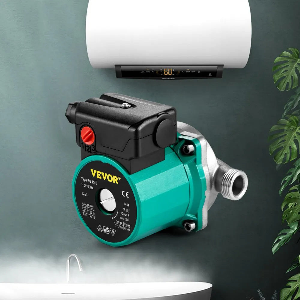VEVOR Hot Water Recirculating Pump, 93W, 110V Water Circulator Pump, Circulation Pump, 3/4″ G Thread to 1/2″ NPT Brass Adapter, Stainless Steel Head, 3 Speed Control for Electric Water Heater System