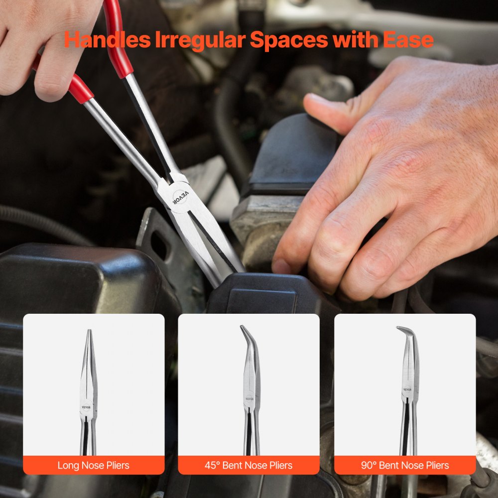 VEVOR 5-Piece Needle Nose Pliers, 11 in Long Needle Nose Pliers Set, Diagonal Cutting Pliers, 45°/ 90° Bent Nose Plier, Round Nose Plier, Long Nose Plier, Professional Pliers Set with Storage Bag