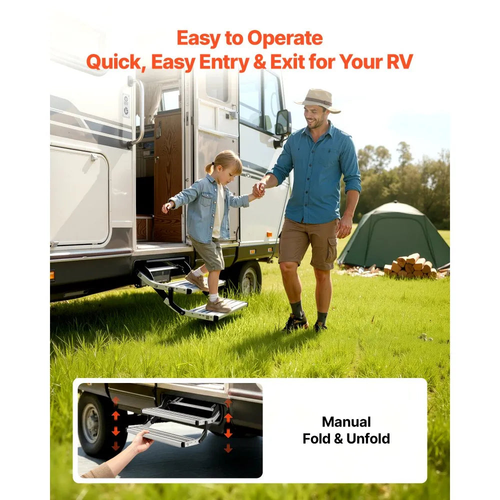 VEVOR RV Steps, 2-Step, 440 lbs Load Capacity, Manual Retractable RV Stairs, Telescopic Folding Aluminum Alloy Camper Steps, Steel Frame Non-Slip Entry Stairs for Camper Van Motorhome Travel Trailer