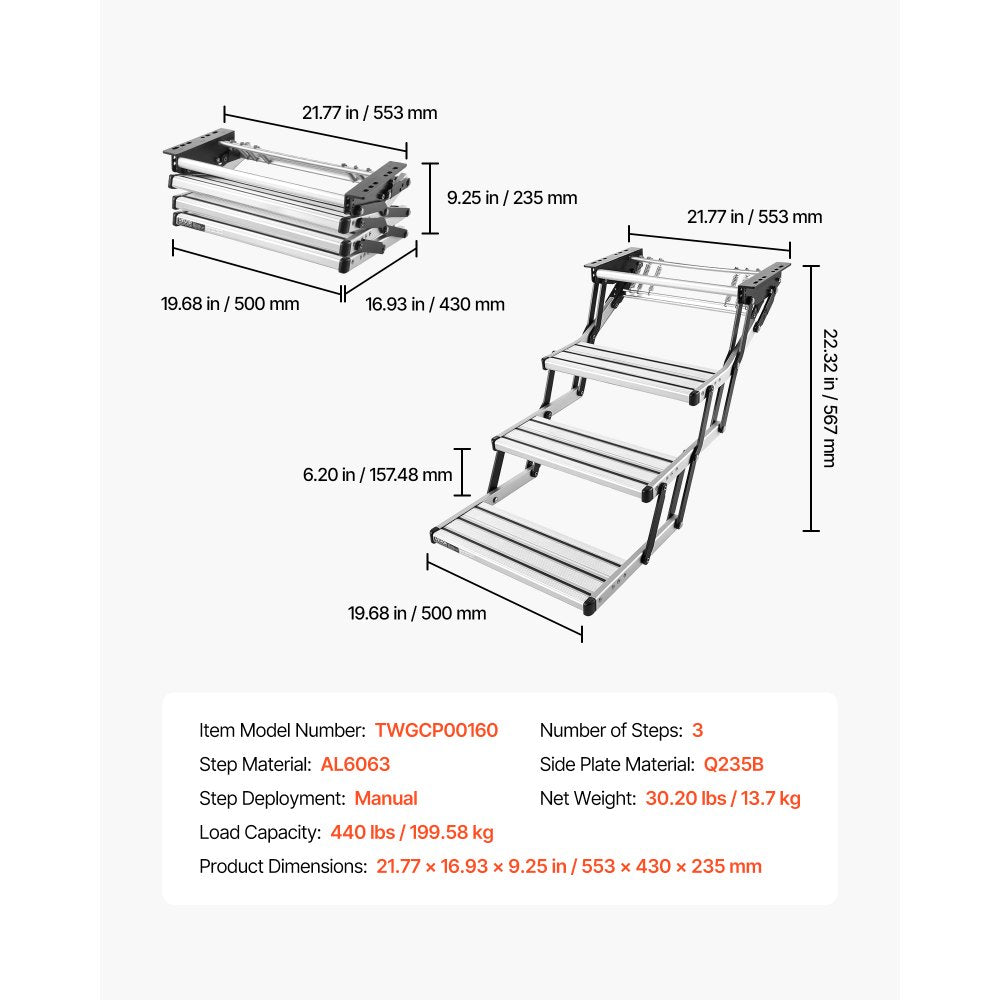 Vevor RV Stairs 3-Step Manual Retractable Non-Slip 440 lb. Capacity Ne ...