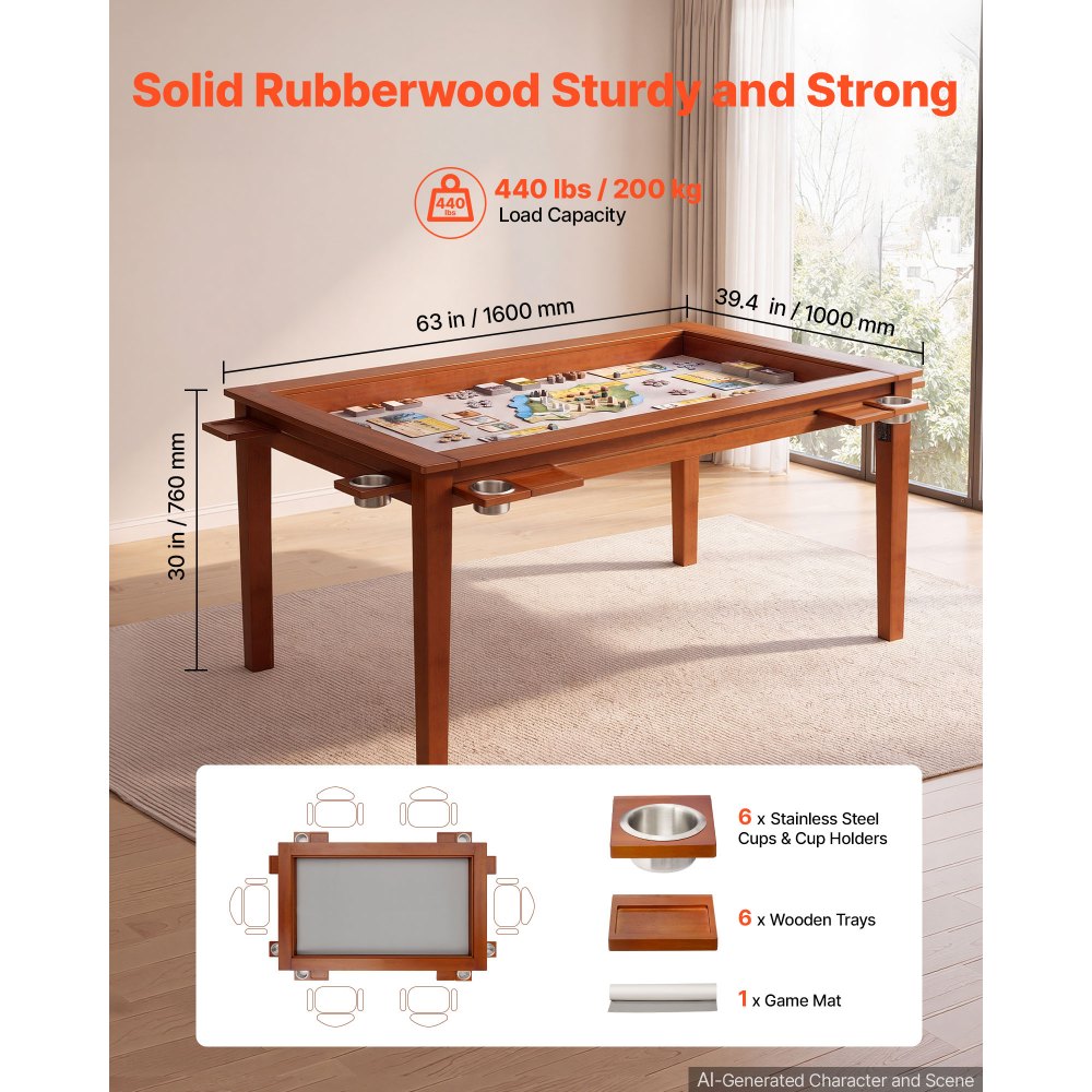 VEVOR Board Game Table 2-in-1 Gaming and Dining Table 63 x 39.4 x 30 in, Roomy for 6 Players, with Removable Tabletop, Leather Gaming Mat, 6 Cup Holders & Sliding Trays, 440LBS Solid Wood Support