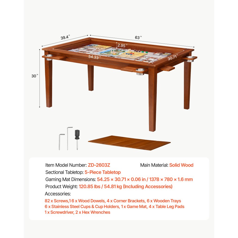 VEVOR Board Game Table 2-in-1 Gaming and Dining Table 63 x 39.4 x 30 in, Roomy for 6 Players, with Removable Tabletop, Leather Gaming Mat, 6 Cup Holders & Sliding Trays, 440LBS Solid Wood Support