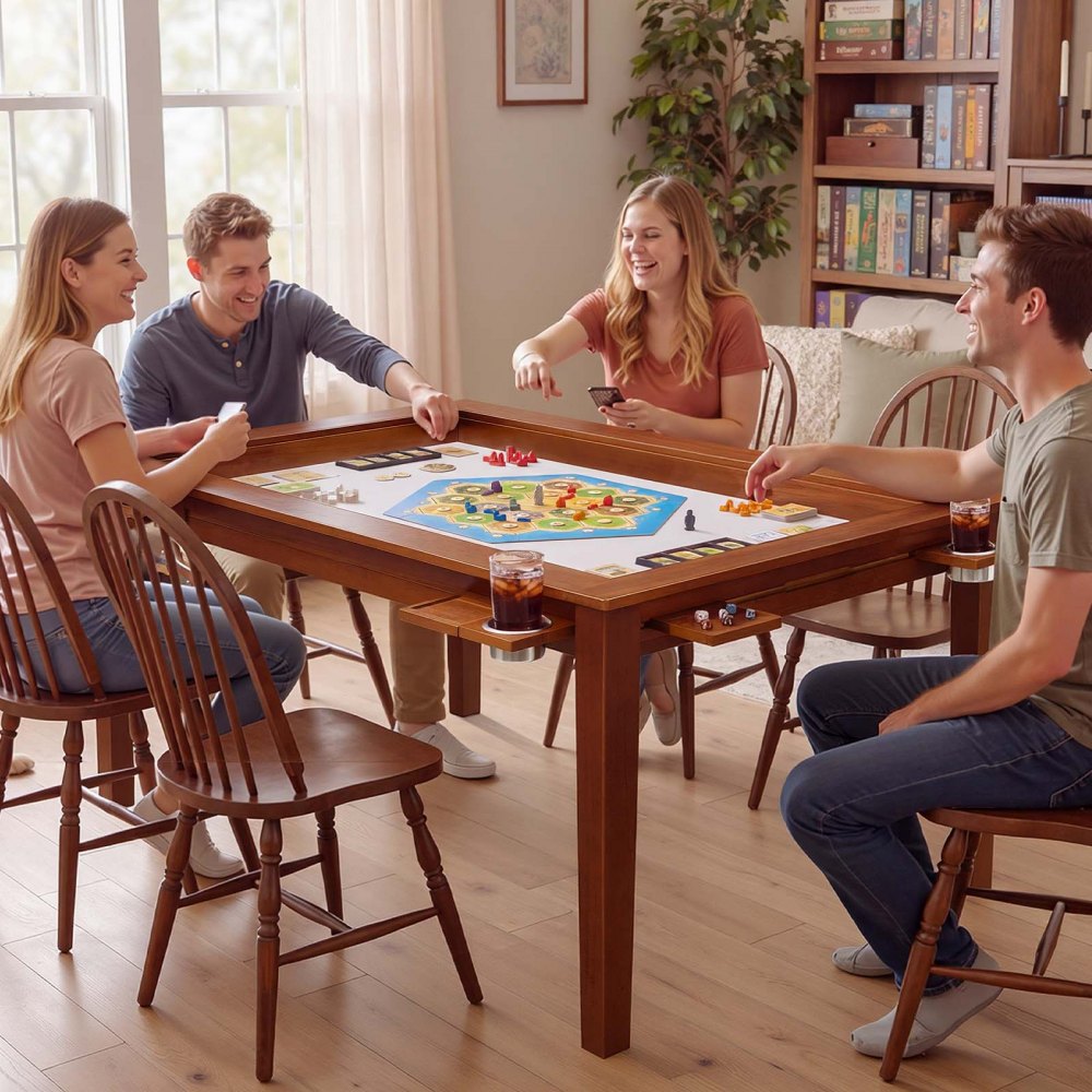 VEVOR Board Game Table 2-in-1 Gaming and Dining Table 63 x 39.4 x 30 in, Roomy for 6 Players, with Removable Tabletop, Leather Gaming Mat, 6 Cup Holders & Sliding Trays, 440LBS Solid Wood Support