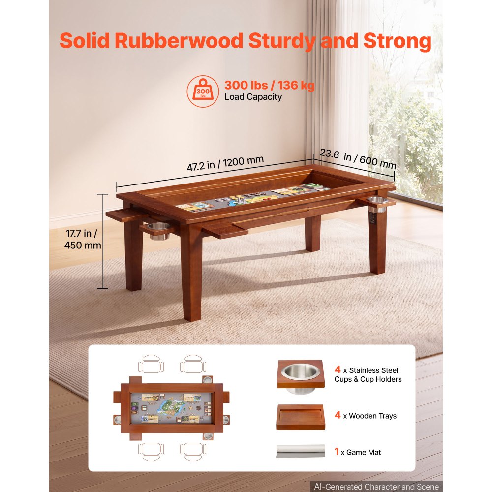 VEVOR Board Game Table 2-in-1 Gaming and Dining Table 47.2 x 23.6 x 17.7 in, Roomy for 4 Players, with Removable Tabletop, Leather Gaming Mat, 4 Cup Holders & Sliding Trays, 300LBS Solid Wood Support