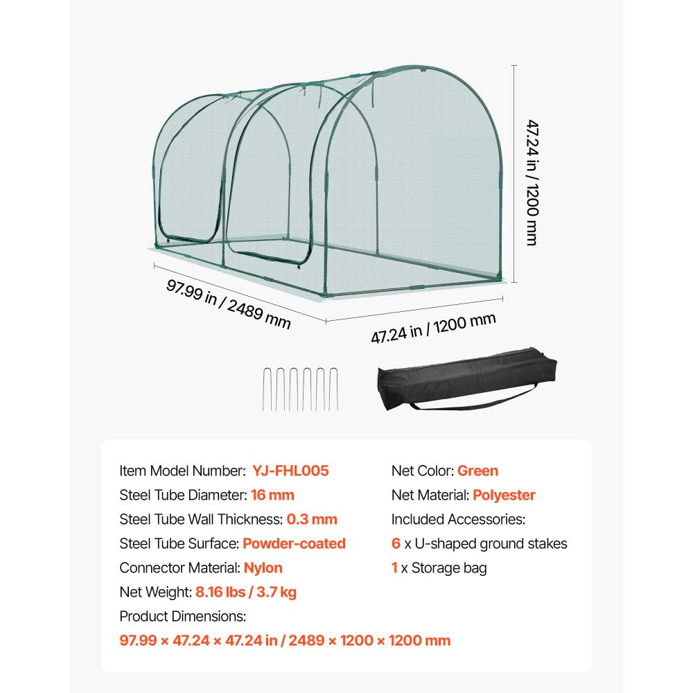 VEVOR Crop Cage, 8.1 x 3.9 x 3.9 ft Plant Protection Tent with Zippered Door, Wind-Resistant Tall Crop Cage, Easy to Install, Outdoor Raised Bed Cover with Frame, Plant Netting for Garden Patio Lawn