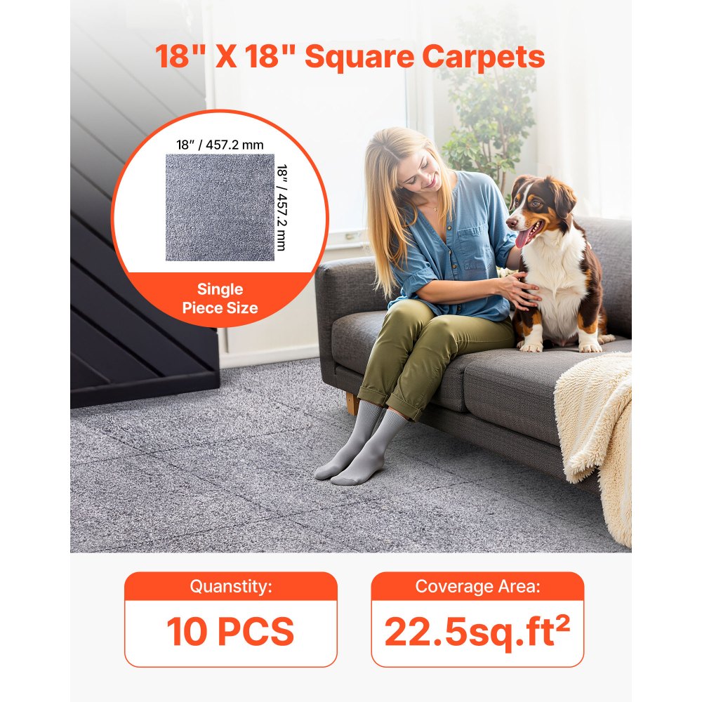VEVOR Carpet Tiles 18x18 inch, 10 Pack Carpet Square Rug Detachable & Damage-free, Self Adhesive Home Floor Soft Plush Padded for 22.5sq.ft Coverage, Easy DIY for Living Room & Bedroom, Gray